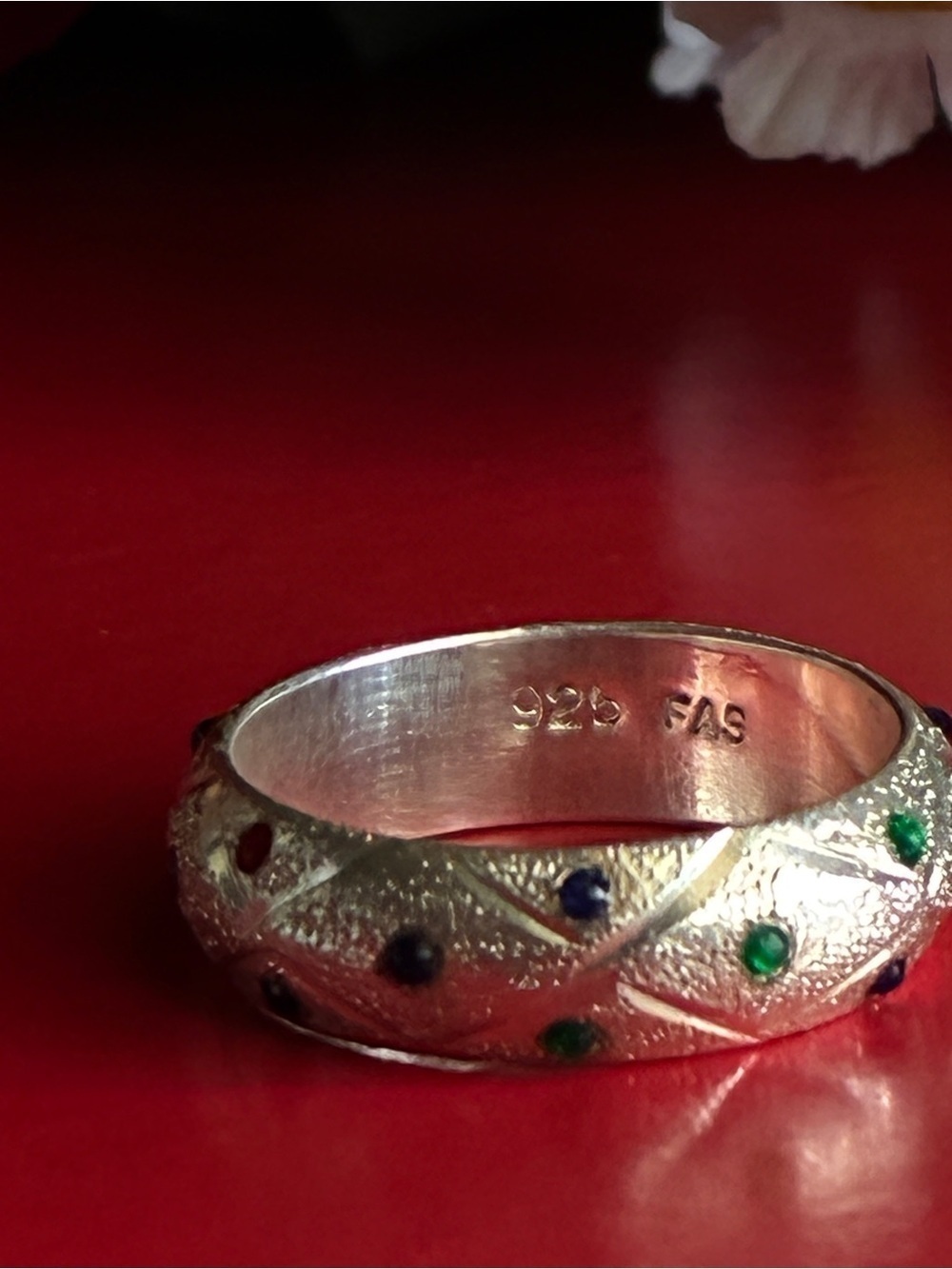 925 Silver Textured Band Ring with Blue and Green Stone Accents - Picture 9 of 9